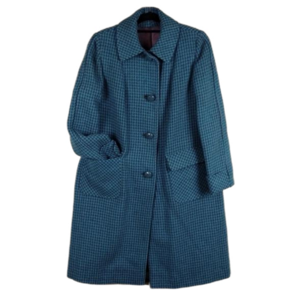 Harris Tweed Scottish Wool Vintage Teal Pink Plaid Collared Long Sleeve Coat - Picture 1 of 16